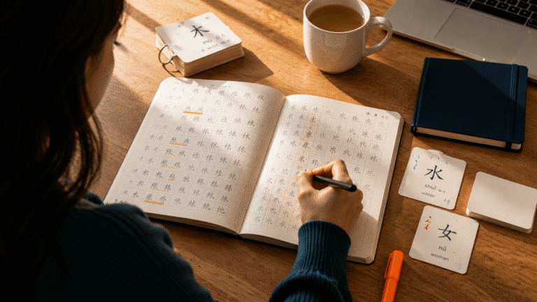 Persona trabajando en una mesa en un cuaderno aprendiendo el idioma chino mandarin