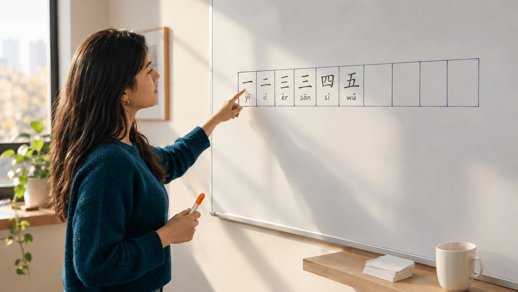 Estudiante frente a una pizarra con los números en chino del 1 al 5: 一 (yī), 二 (èr), 三 (sān), 四 (sì) y 五 (wǔ)